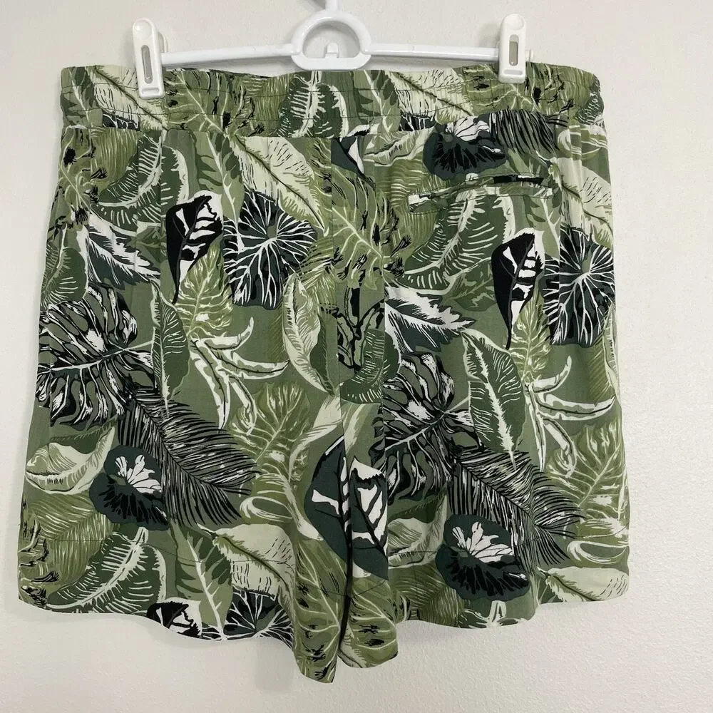 High Rise Tropical Palm Leaf Print Shorts Elastic Waist Green White Large